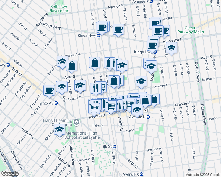 map of restaurants, bars, coffee shops, grocery stores, and more near 181 Avenue T in Brooklyn