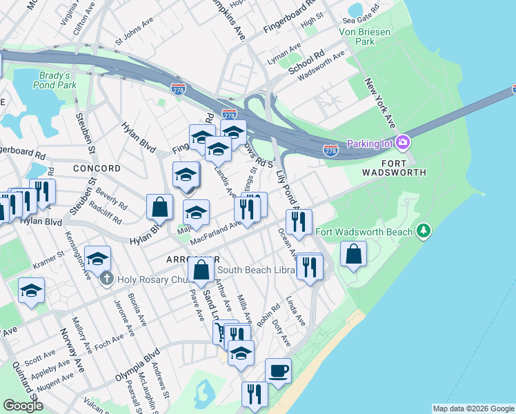 map of restaurants, bars, coffee shops, grocery stores, and more near 83 Hastings Street in Staten Island
