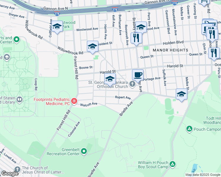 map of restaurants, bars, coffee shops, grocery stores, and more near 119 Oakville Street in Staten Island