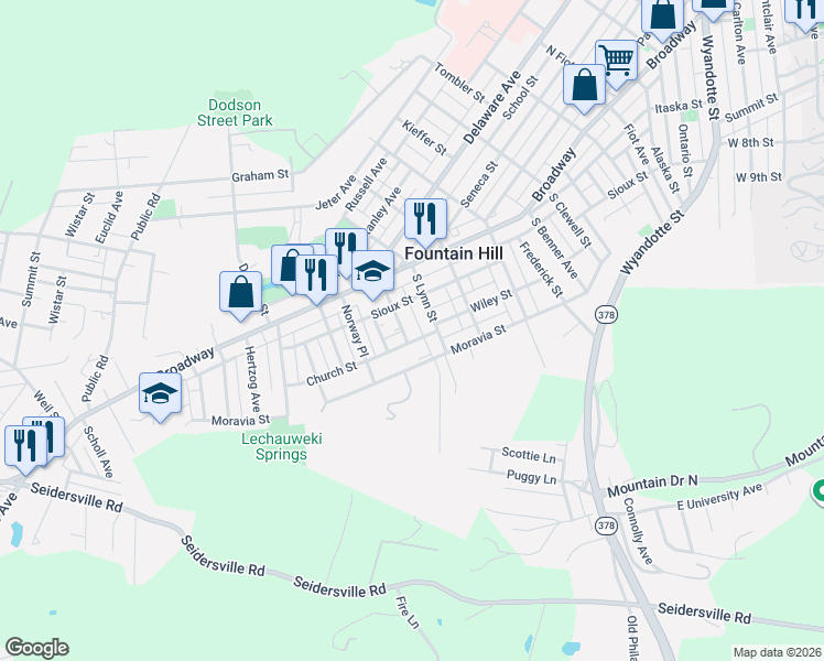 map of restaurants, bars, coffee shops, grocery stores, and more near 623 Forrest Street in Fountain Hill