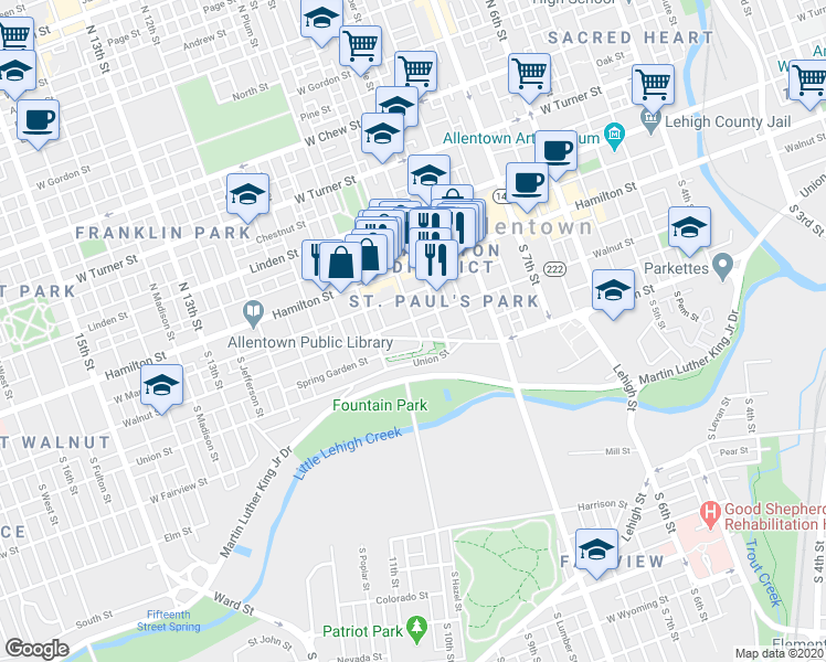map of restaurants, bars, coffee shops, grocery stores, and more near 927 Jackson Street in Allentown