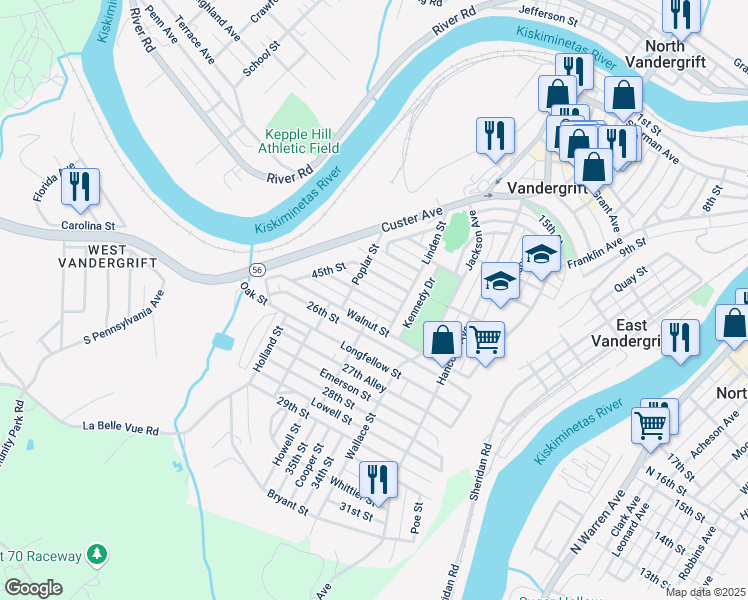 map of restaurants, bars, coffee shops, grocery stores, and more near 317 Sycamore Street in Vandergrift