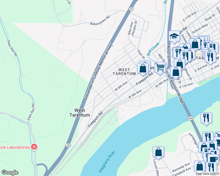 map of restaurants, bars, coffee shops, grocery stores, and more near 400 West 8th Avenue in Tarentum