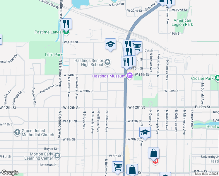 map of restaurants, bars, coffee shops, grocery stores, and more near 1000-1098 W 13th St in Hastings