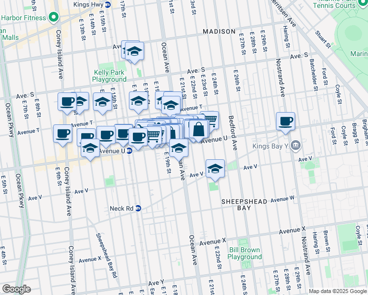 map of restaurants, bars, coffee shops, grocery stores, and more near 1928 Avenue U in Brooklyn
