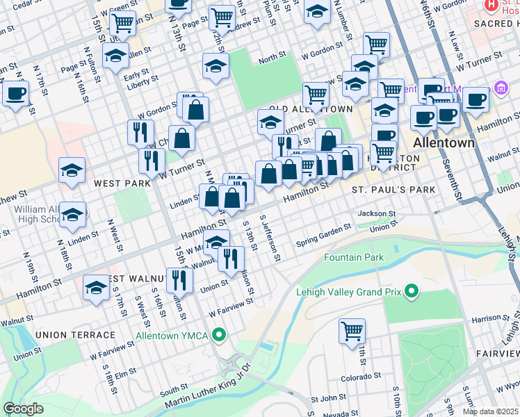 map of restaurants, bars, coffee shops, grocery stores, and more near 1 North Jefferson Street in Allentown