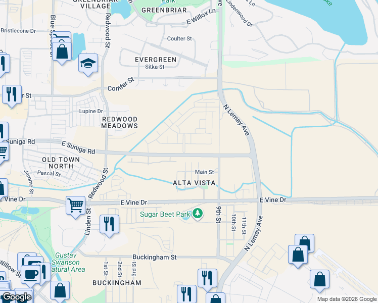 map of restaurants, bars, coffee shops, grocery stores, and more near 957 Birdwhistle Lane in Fort Collins