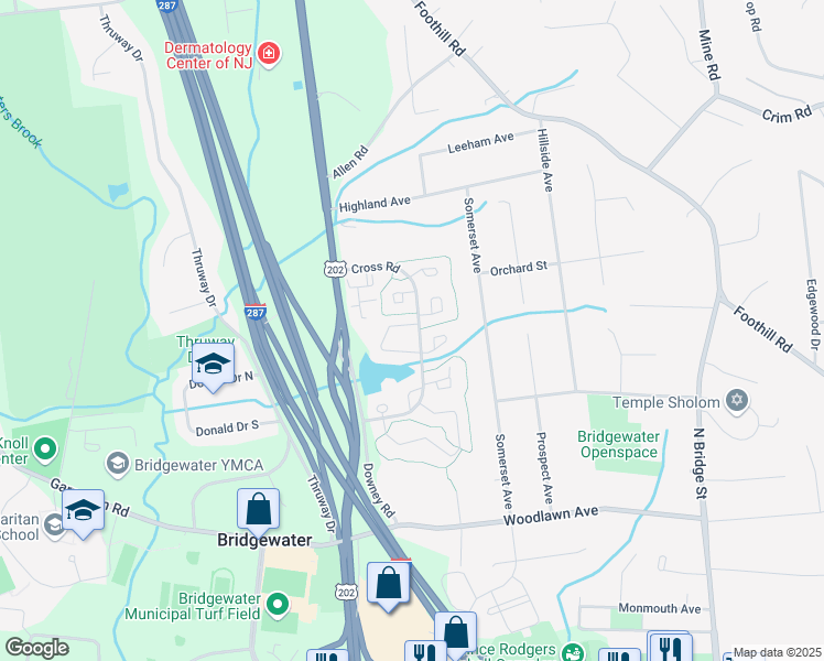 map of restaurants, bars, coffee shops, grocery stores, and more near 153 Bonney Court in Bridgewater Township