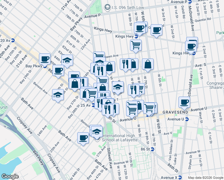 map of restaurants, bars, coffee shops, grocery stores, and more near 1961 West 13th Street in Brooklyn