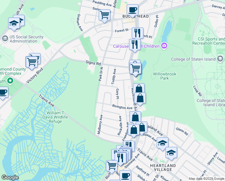 map of restaurants, bars, coffee shops, grocery stores, and more near 66 Mulberry Circle in Staten Island