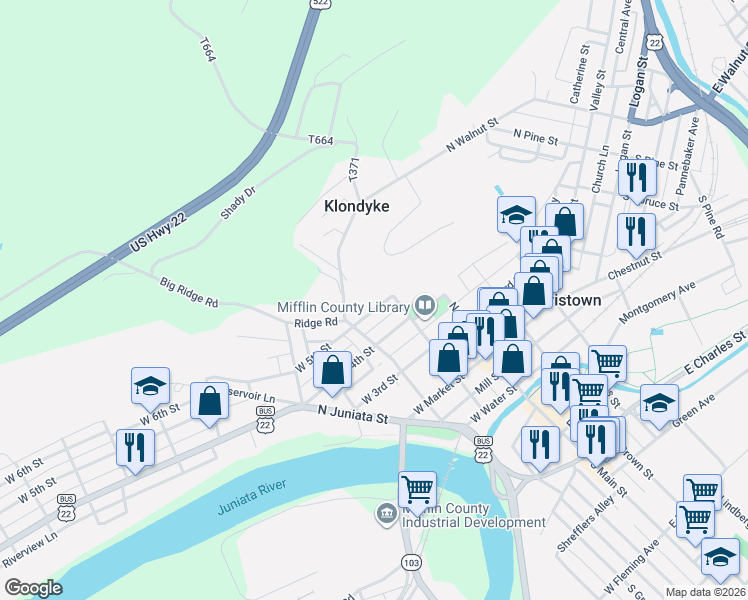 map of restaurants, bars, coffee shops, grocery stores, and more near 101-199 W 5th St in Lewistown