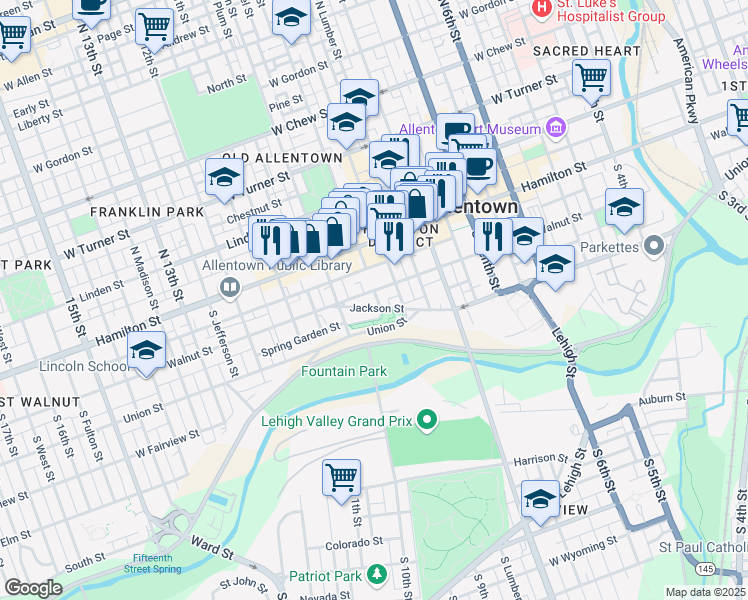 map of restaurants, bars, coffee shops, grocery stores, and more near 928 Walnut Street in Allentown