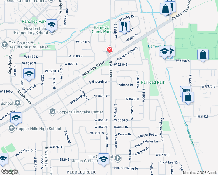 map of restaurants, bars, coffee shops, grocery stores, and more near 8376 South 4800 West in West Jordan