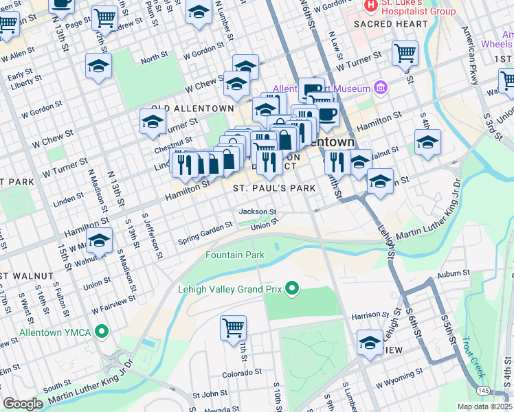 map of restaurants, bars, coffee shops, grocery stores, and more near 926 W Walnut St in Allentown