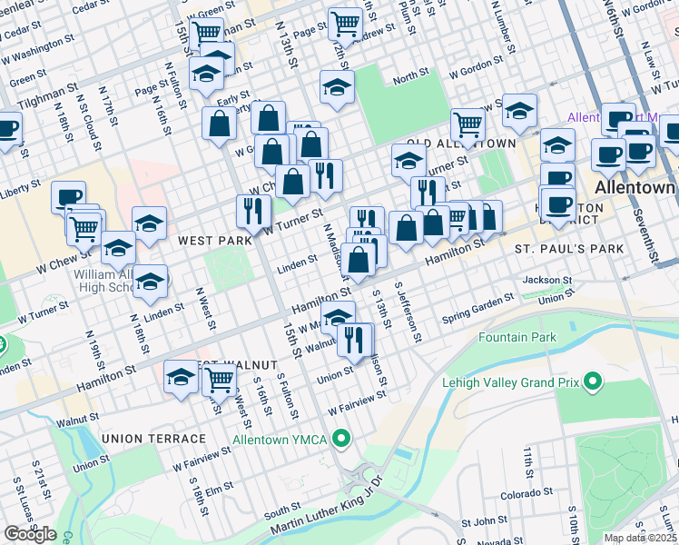 map of restaurants, bars, coffee shops, grocery stores, and more near 24 North Madison Street in Allentown