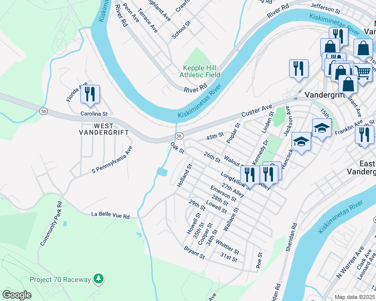map of restaurants, bars, coffee shops, grocery stores, and more near 617 Oak Street in Vandergrift