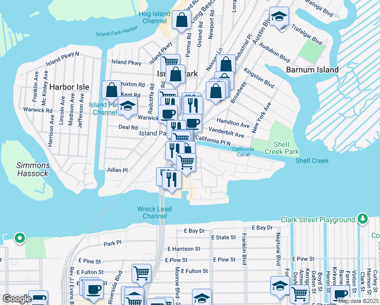 map of restaurants, bars, coffee shops, grocery stores, and more near 97 Baker Court in Island Park