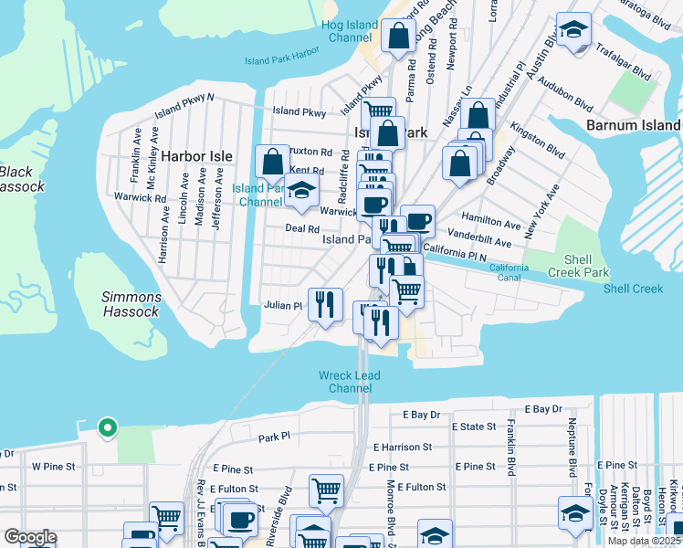 map of restaurants, bars, coffee shops, grocery stores, and more near 87 Quebec Road in Island Park