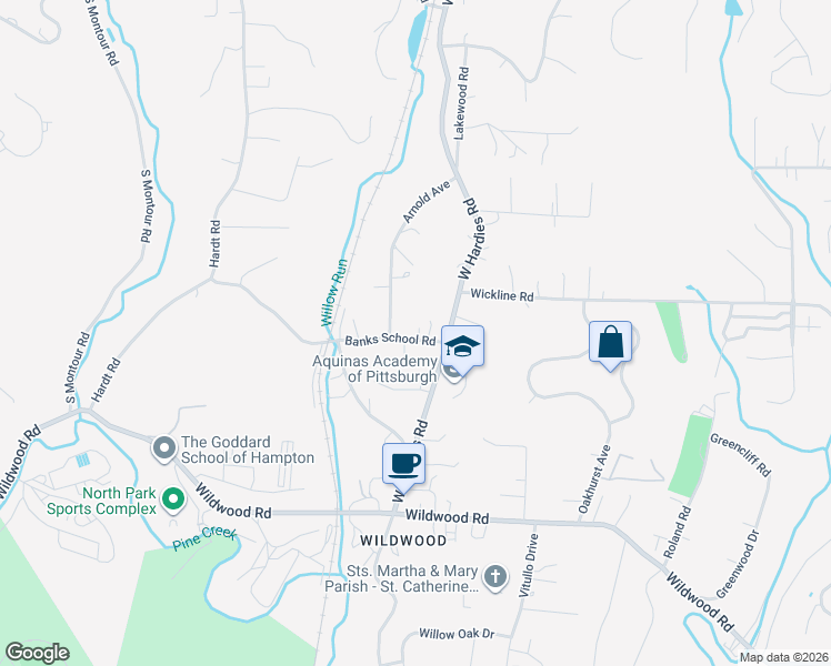 map of restaurants, bars, coffee shops, grocery stores, and more near 2501 Banks School Road in Gibsonia