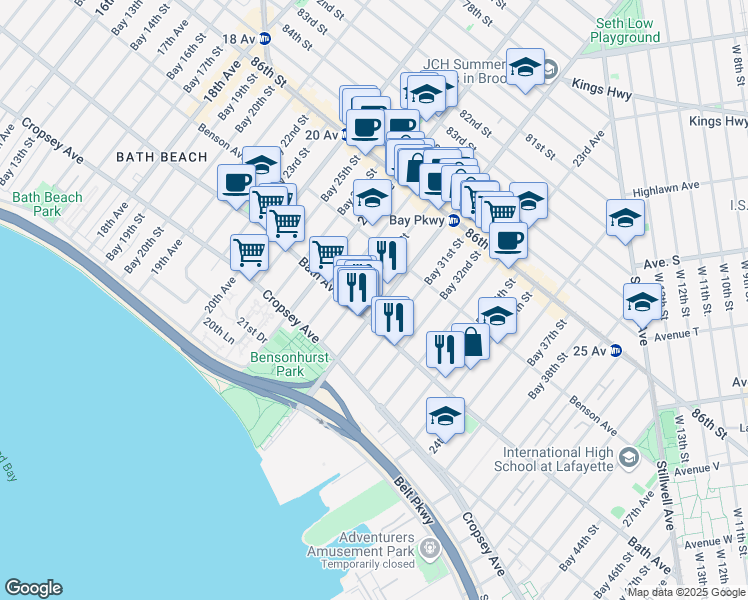 map of restaurants, bars, coffee shops, grocery stores, and more near 8750 Bay Parkway in Brooklyn