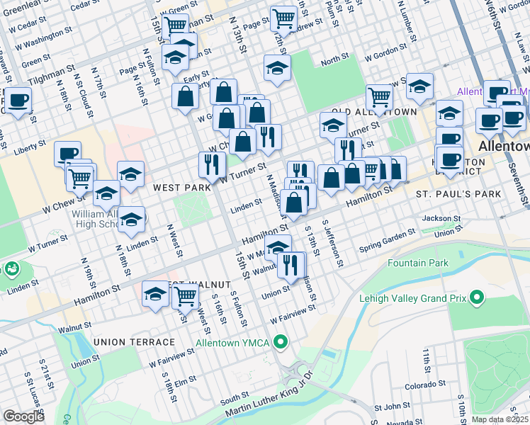 map of restaurants, bars, coffee shops, grocery stores, and more near 29 North 14th Street in Allentown
