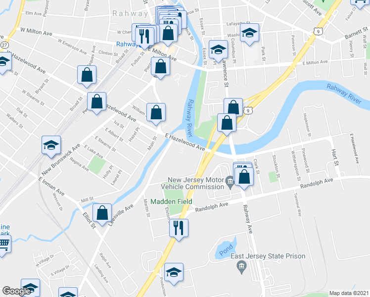 map of restaurants, bars, coffee shops, grocery stores, and more near 501 East Hazelwood Avenue in Rahway