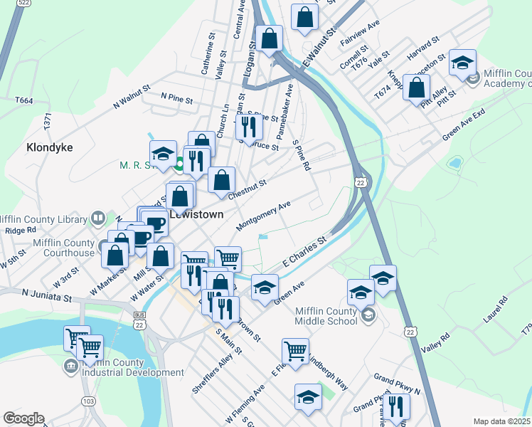 map of restaurants, bars, coffee shops, grocery stores, and more near 39 Montgomery Avenue in Lewistown
