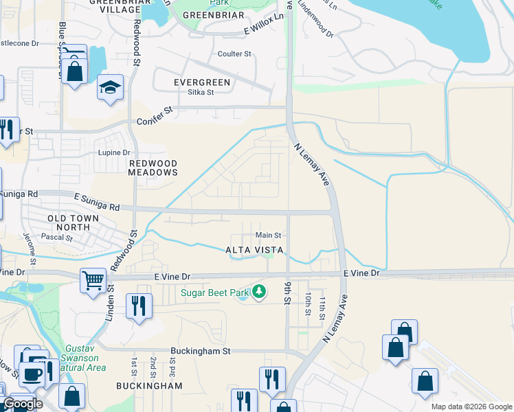 map of restaurants, bars, coffee shops, grocery stores, and more near 957 Birdwhistle Lane in Fort Collins