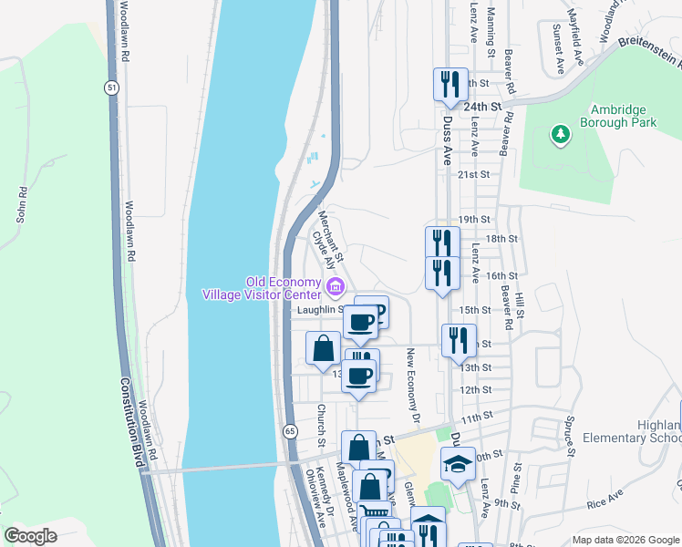 map of restaurants, bars, coffee shops, grocery stores, and more near 1610 Church Street in Ambridge