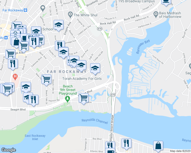 map of restaurants, bars, coffee shops, grocery stores, and more near 4-44 Beach 6th Street in Queens