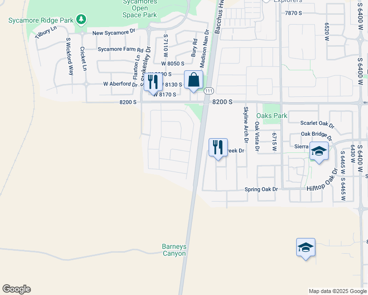 map of restaurants, bars, coffee shops, grocery stores, and more near 7071 W Monsen Way in West Jordan
