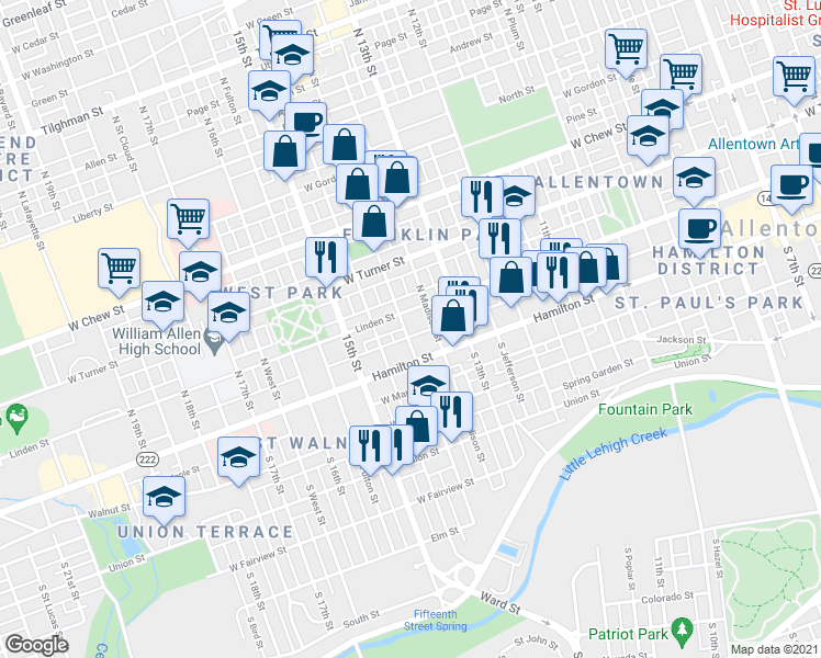 map of restaurants, bars, coffee shops, grocery stores, and more near 29 North 14th Street in Allentown