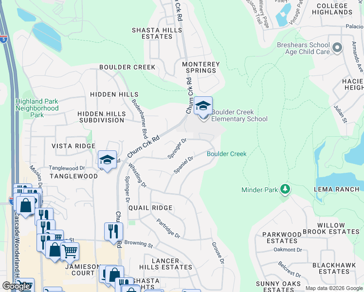 map of restaurants, bars, coffee shops, grocery stores, and more near 606 Springer Drive in Redding
