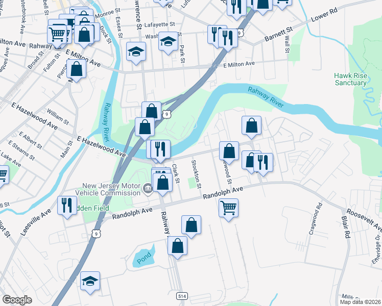 map of restaurants, bars, coffee shops, grocery stores, and more near 826 East Hazelwood Avenue in Rahway