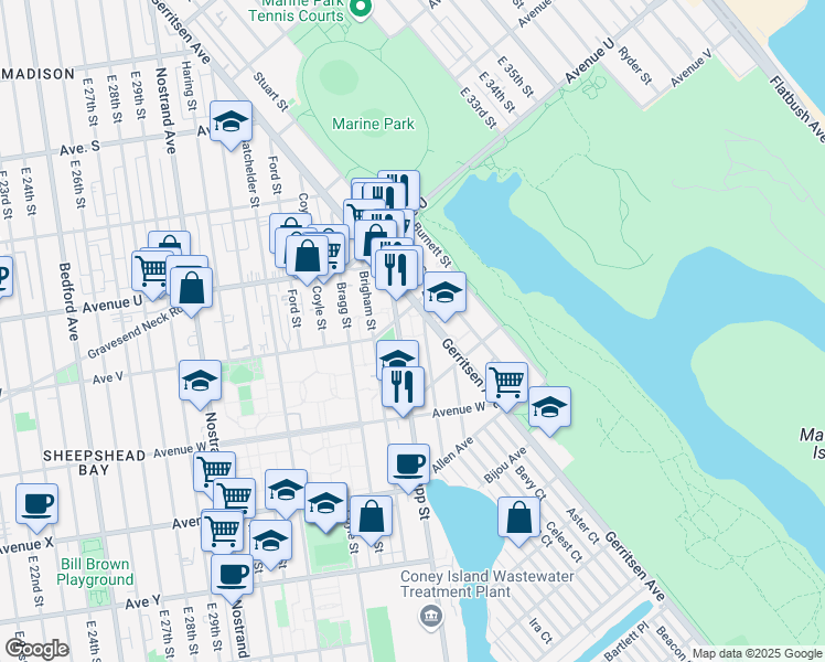 map of restaurants, bars, coffee shops, grocery stores, and more near 2209 Knapp Street in Brooklyn