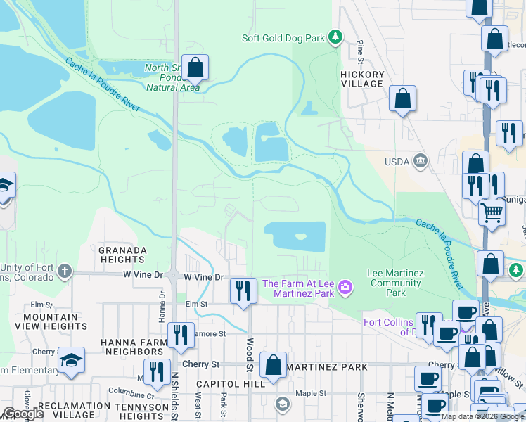 map of restaurants, bars, coffee shops, grocery stores, and more near 735 Peregoy Farms Way in Fort Collins