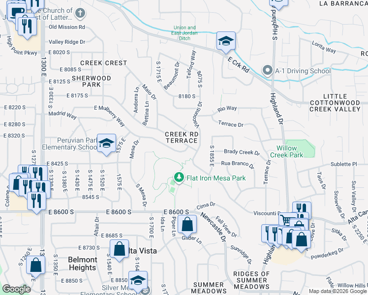 map of restaurants, bars, coffee shops, grocery stores, and more near 1768 Julho Street in Sandy