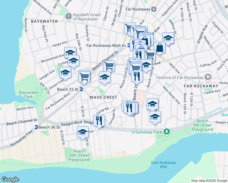 map of restaurants, bars, coffee shops, grocery stores, and more near 4-44 Beach 22nd Street in Queens