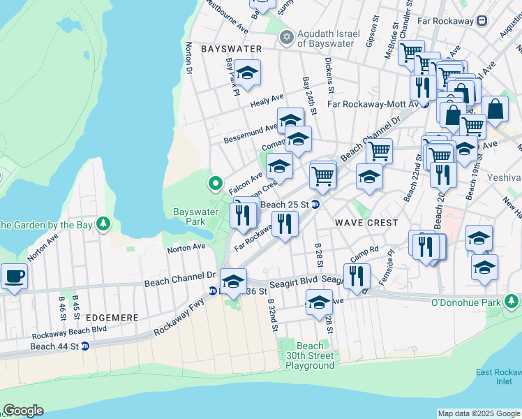 map of restaurants, bars, coffee shops, grocery stores, and more near 2959 Beach Channel Drive in Queens
