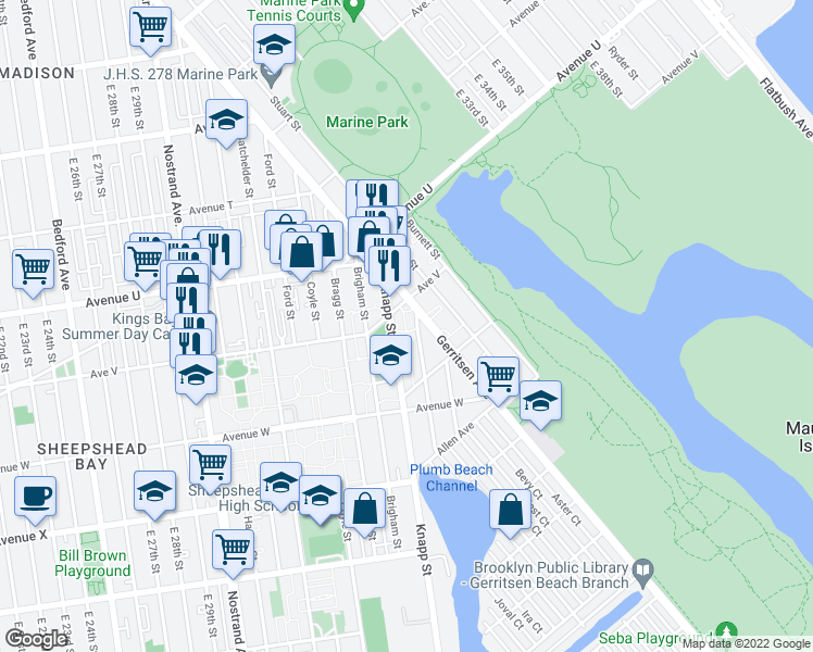 map of restaurants, bars, coffee shops, grocery stores, and more near 2229 Knapp Street in Brooklyn