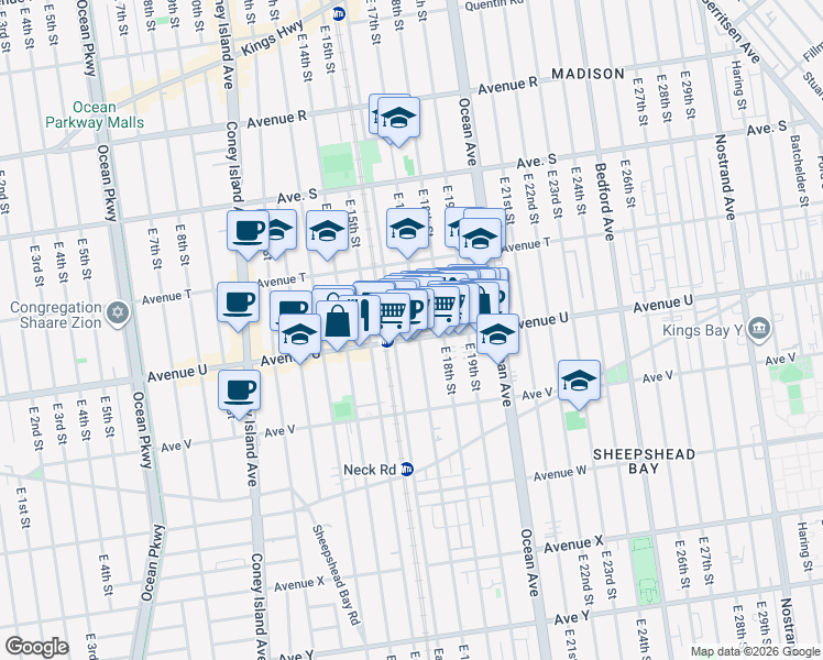map of restaurants, bars, coffee shops, grocery stores, and more near 735 Avenue U in Brooklyn