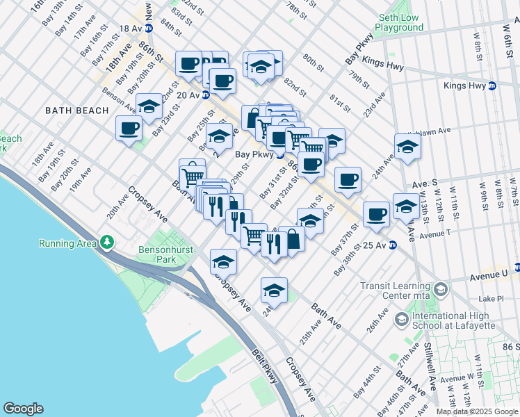 map of restaurants, bars, coffee shops, grocery stores, and more near 114 Bay 32nd Street in Brooklyn