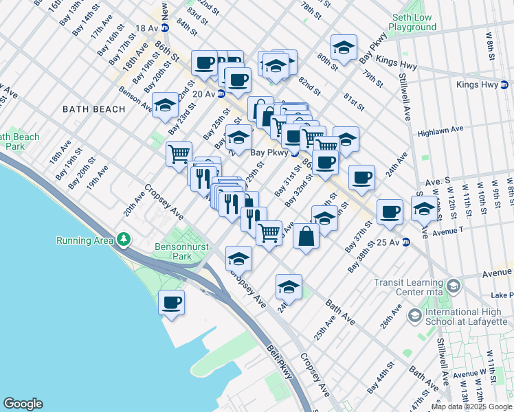 map of restaurants, bars, coffee shops, grocery stores, and more near 8735 Bay Parkway in Brooklyn
