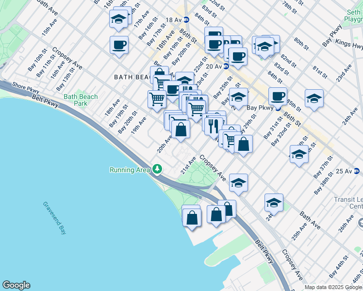 map of restaurants, bars, coffee shops, grocery stores, and more near 2044 Cropsey Avenue in Brooklyn
