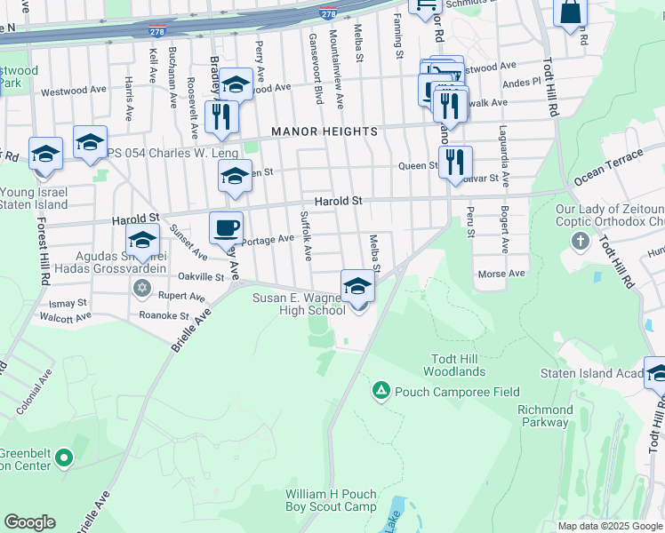 map of restaurants, bars, coffee shops, grocery stores, and more near 509 Gansevoort Boulevard in Staten Island