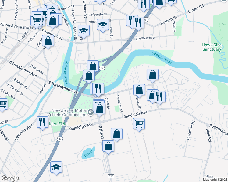 map of restaurants, bars, coffee shops, grocery stores, and more near 847 East Hazelwood Avenue in Rahway