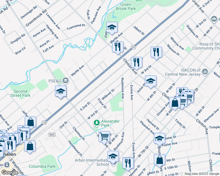 map of restaurants, bars, coffee shops, grocery stores, and more near 1430 Willever Street in Plainfield