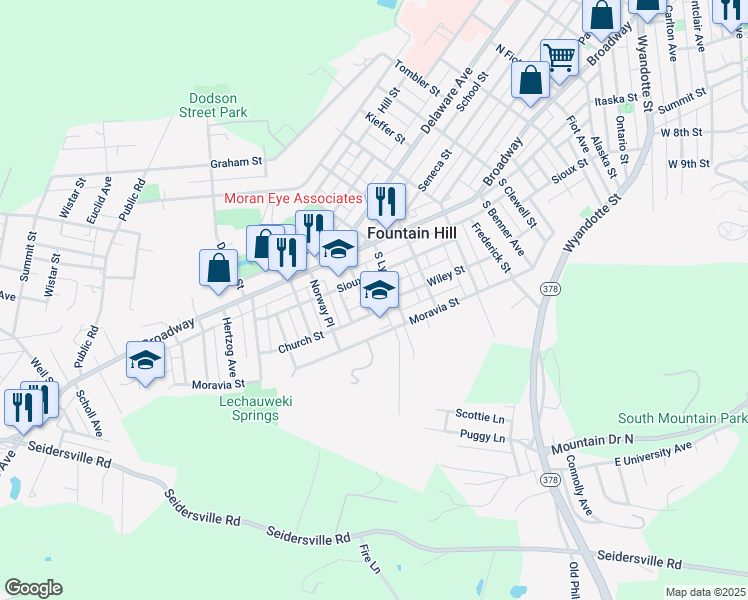 map of restaurants, bars, coffee shops, grocery stores, and more near 623 Forrest Street in Fountain Hill
