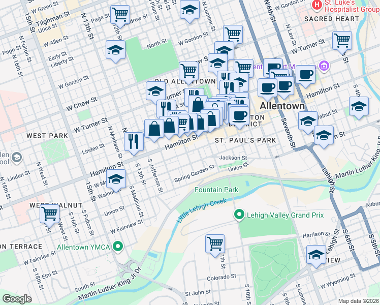 map of restaurants, bars, coffee shops, grocery stores, and more near 1029 Walnut Street in Allentown