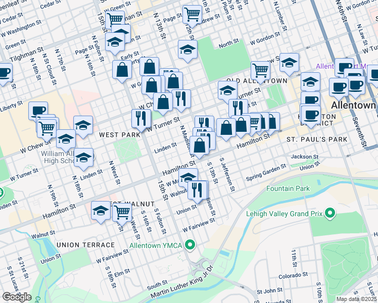 map of restaurants, bars, coffee shops, grocery stores, and more near 25 North 14th Street in Allentown